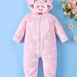 Mark & Mia Full Sleeves Front Open Hooded Winter Wear Romper with Cow Print - Pink-picture-4