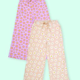Kiddopanti Cotton Knit Pack Of 2 Floral Printed Pajamas - Peach & Lilac-image-94