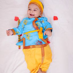 KID1 Cotton Woven Janmasthami Theme Full Sleeves Kanha Angrakha Dhoti Set With Morpankh Bansuri & Headband - Blue-image-45