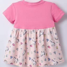 CUCUMBER Interlock Knit Half Sleeves Frock With Unicorn Print & Bow Applique - Pink image 2