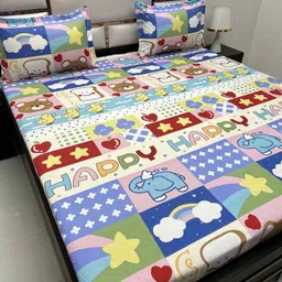 Pure Decor White & Pink Cartoon Characters 330 TC Queen Bedsheet with 2 Pillow Covers-image-86