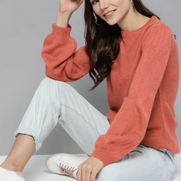Mast & Harbour Women Dusty Pink Solid Puff Sleeves Pullover Sweater-image-22