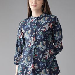Cayman Tropical Print Mandarin Collar Tropical Longline Ethnic Top-image-94