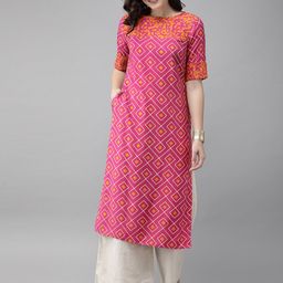 Anouk Women Pink & Mustard Yellow Printed Straight Kurta-23