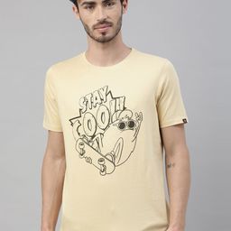 Bushirt Men Beige Printed Round Neck Cotton Pure Cotton T-shirt-image-73