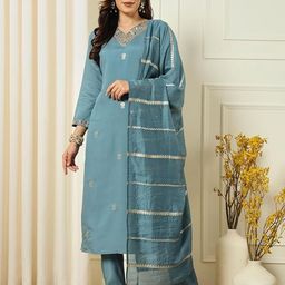 KOTRONS Women Floral Embroidered Regular Thread Work Chanderi Silk Kurta with Trousers & With Dupatta-image-9