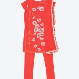 Biba Girls Red Floral Printed Kurta with Churidar & Dupatta & 2-Ply Cloth Mask-image-77