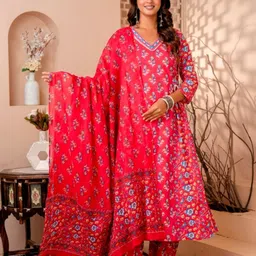 SINSINI Women Floral Printed Regular Pure Cotton Kurta with Trousers & With Dupatta-picture-39