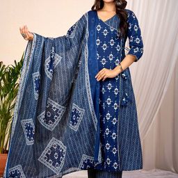 NAMA'S Ethnic Motifs Printed V Neck A Line Pure Cotton Kurta With Palazzos & Dupatta-55
