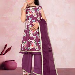 KALINI Girls Floral Printed Round Neck A-Line Kurta With Palazzos & Dupatta-image-61