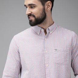 THE BEAR HOUSE Men White & Blue Slim Fit Striped Seersucker Cotton Casual Shirt-image-81
