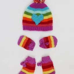 Woonie Handmade Knitted Heart Detailing Cap With Mittens & Booties-48