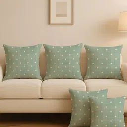 STITCHNEST Green & Off White Set of 5 Geometric Square Cushion Covers-7