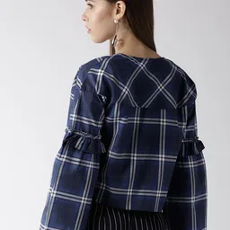 Style Quotient by Noi Navy & White Checked Crop Open Front Shrug image 5