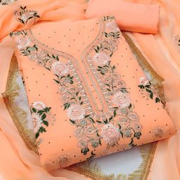 HERE&NOW Floral Embroidered Thread Work Silk Georgette Unstitched Dress Material-image-88