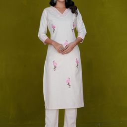 ZOYOTO Women Animal Embroidered Cotton Kurta with Trousers-42