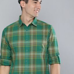 HERE&NOW Men Green & Orange Slim Fit Checked Sustainable Casual Pure Cotton Shirt-image-25