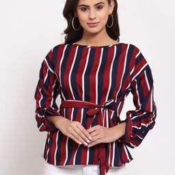 Style Quotient Women Maroon Striped Crepe Cinched Waist Top-image-43