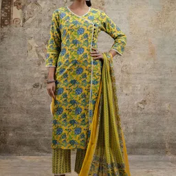 Anouk Yellow Floral Printed V-Neck Pure Cotton Kurta With Trouser And Dupatta-picture-49