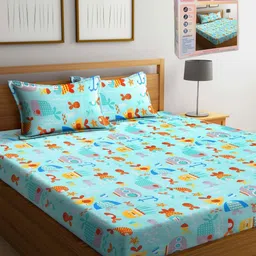 FABINALIV Blue & Red Cartoon Characters 300 TC King Bedsheet with 2 Pillow Covers-38