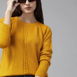 Roadster Women Mustard Yellow Cable Knit Pullover-image-4