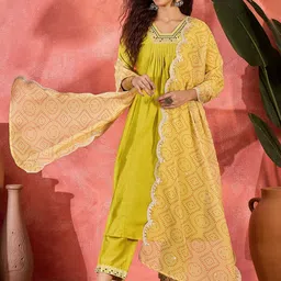 FASHION DREAM Chinon Silk A-Line Kurta With Trousers & Dupatta-image-49