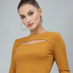 KASSUALLY Mustard Yellow Ribbed Crop Cut Out Top-image-59