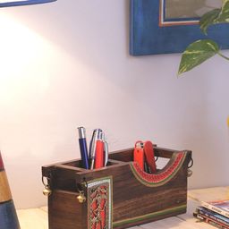VarEesha Brown & Red Sheesham Wood Dhokra Work Desk Organiser-35