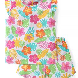 Babyhug Cotton Knit Single Jersey Half Sleeves Night Suit With Floral Print - Multicolour-image-99