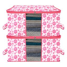 Kuber Industries Underbed Storage BagNon-Woven Floral Print Blanket CoverRazai CoverDuvet Cover Transparent Window & HandleLargePack of 2,Pink,-image-61