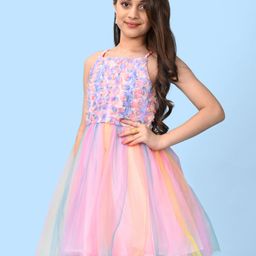 Pine Kids Frill Sleeves Party Frock with Heart Print- Multicolor-image-13