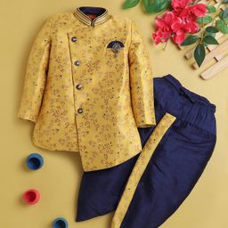 Jeet Ethnics Brocade Full Sleeves Floral Embroidered Kurta Dhoti Set - Yellow-image-51