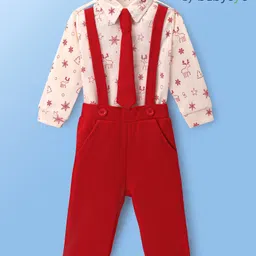 Babyoye 100% Cotton Knit Full Sleeves Christmas Theme Printed Shirt & Trouser Set with Tie - Red-picture-1