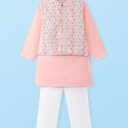 Babyhug Woven Kurta Pyjama Set With Sequin Embroidered Jacket - Coral-image-4