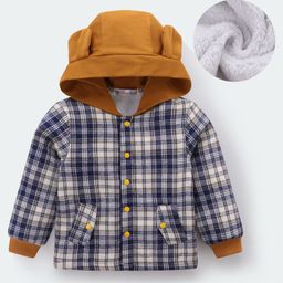 Kookie Kids Full Sleeves Checkered Hooded Winter Jacket with 3D Applique - Brown & Blue-image-53