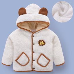 Kookie Kids Full Sleeves Hooded Winter Fur Jacket with Lion Patch3D Applique & Pockets - Cream-image-131