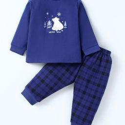 Zero Interlock Knit Full Sleeves Checkered & Bear Printed T-Shirt & Joggers Set - Navy Blue-image-34