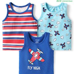Babyoye Cotton Elastane Knit Sleeveless Vests With Striped & Aeroplane Print Pack Of 3 - Red Blue & Light Blue-image-89