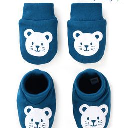 Babyoye Interlock Cotton Knit Bear Print Mittens & Booties Set - Navy Blue-picture-7