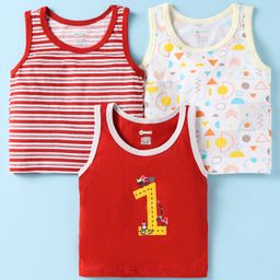 OHMS Single Jersey Knit Sleeveless Vests with Vehicle & Geometric Shapes Print & Stripes Pack of 3 - Red & White-image-91