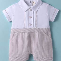 ToffyHouse Cotton Knit Half Sleeves Rompers With Stripes - White & Khaki-image-58