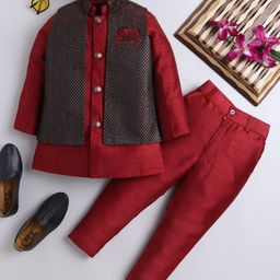 Ahhaaaa Silk Blend Full Sleeves Solid Kurta Pyjama With Embellished Sherwani Set - Maroon-image-49