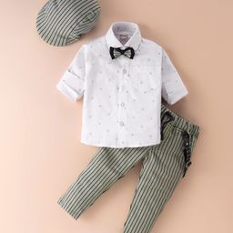 Dapper Dudes Full Sleeves Abstract Printed Shirt With Striped Pant Bow Cap & Suspender Set - Pista-picture-0