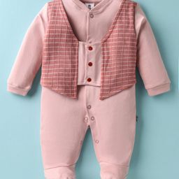 Mini Taurus Interlock Knit Full Sleeves Footed Rompers With Checks Print - Pink-image-58