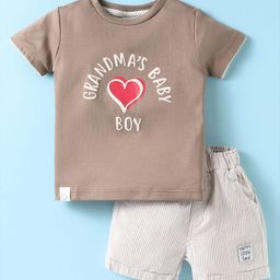 First Smile Interlock Knit Half Sleeves T-Shirt & Shorts Set with Text Print & Stripes - Tan-picture-8