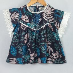 Hugsntugs Woven Cotton Flutter Sleeves Checked & Floral Printed Lace Detailed Top - Dark Green-image-28