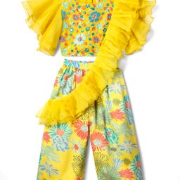 Babyhug Woven Flutter Sleeves Indo Western Set With Floral Print & Dupatta - Yellow-image-73