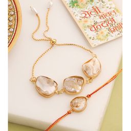 NVR Set of 2 Gold Toned Pearls Bhaiya Bhabhi Rakhi with Roli Chawal Chandan & Mishri - Gold-4