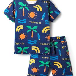 Babyhug Terry Knit Half Sleeves T-Shirt & Short Set With Tropical Theme Print - Navy Blue-image-16