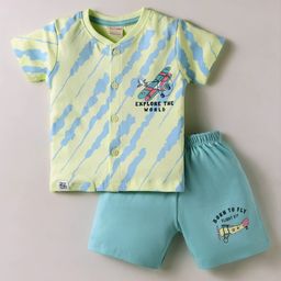 CUCUMBER Sinker Knit Half Sleeves Shorts Night Suit With Aeroplane Print - Light Green & Light Blue-image-71